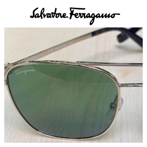Sold out💫 FERRAGAMO Men’s Sunglasses Rectangular Aviators Gold w/ Green lenses - Picture 4 of 9